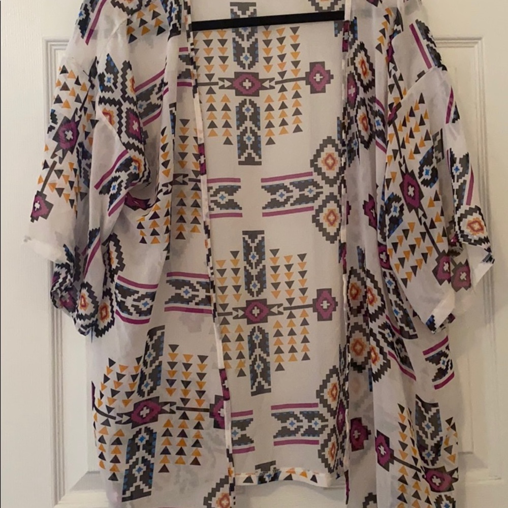 Sheer purple and orange Aztec kimono